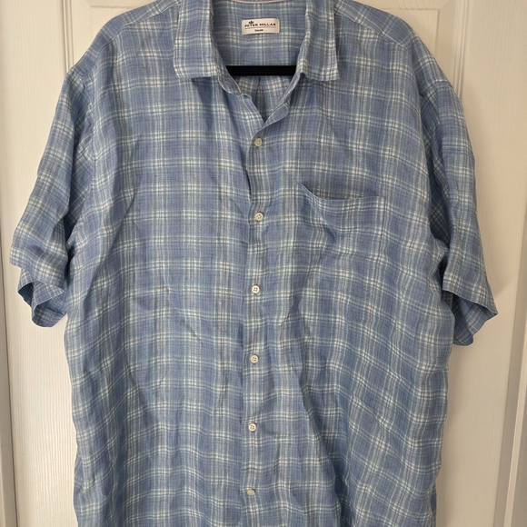 Peter Millar Linen Blue Plaid Shirt - Picture 4 of 6